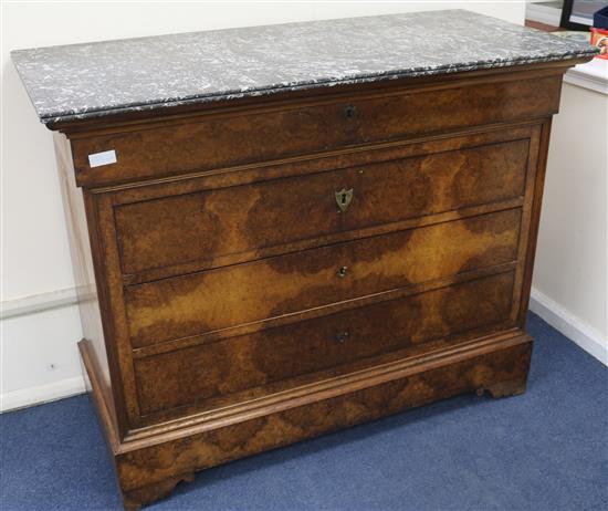 A 19th century French walnut marble top commode, W.128cm